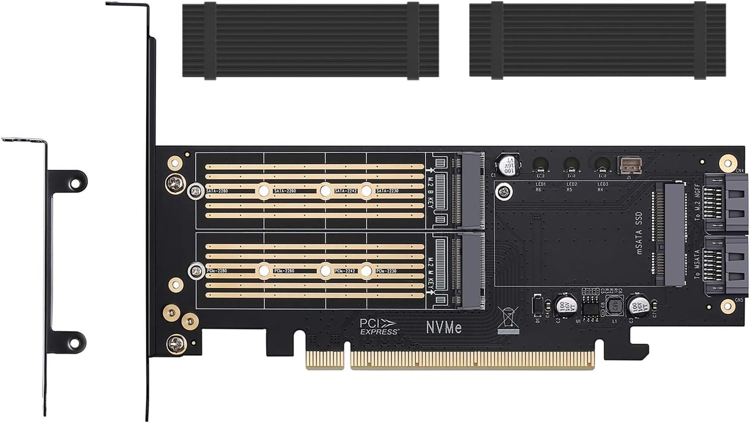 3 in 1 M.2 and mSATA SSD Adapter Card for NVME to PCIE, SATA III, and mSATA (with 2 Aluminum Heatsink)