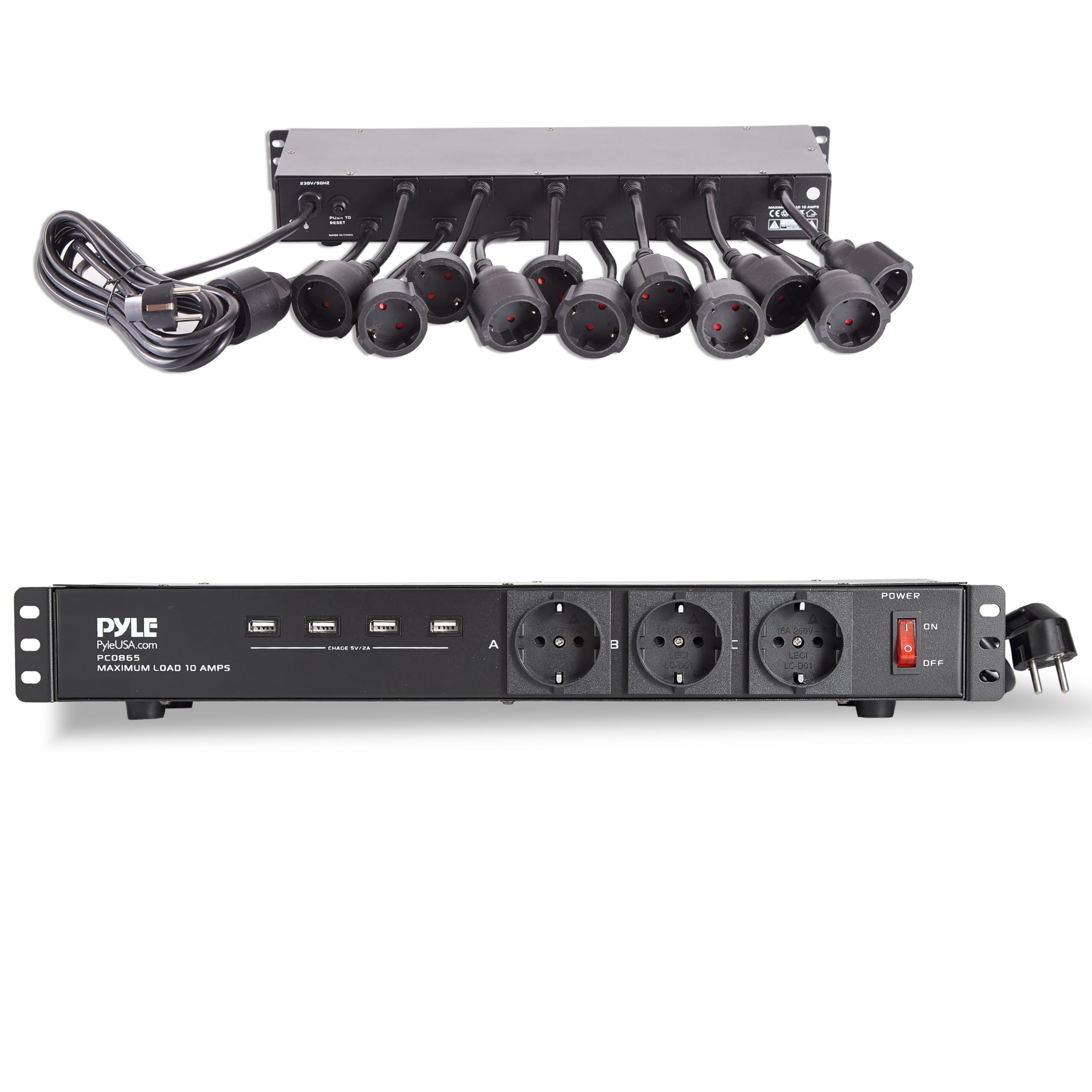 Pyle Stromverteiler- 1U Rack, Mehrfachsteckdose mit 12 Fest Verkabelten Ausgängen, 3 Frontsteckdosen & 4 USB-Ports (5V/2A), 5 m Netzkabel, Metallgehäuse, Rack-PDU für Studio, Bühne & Installation
