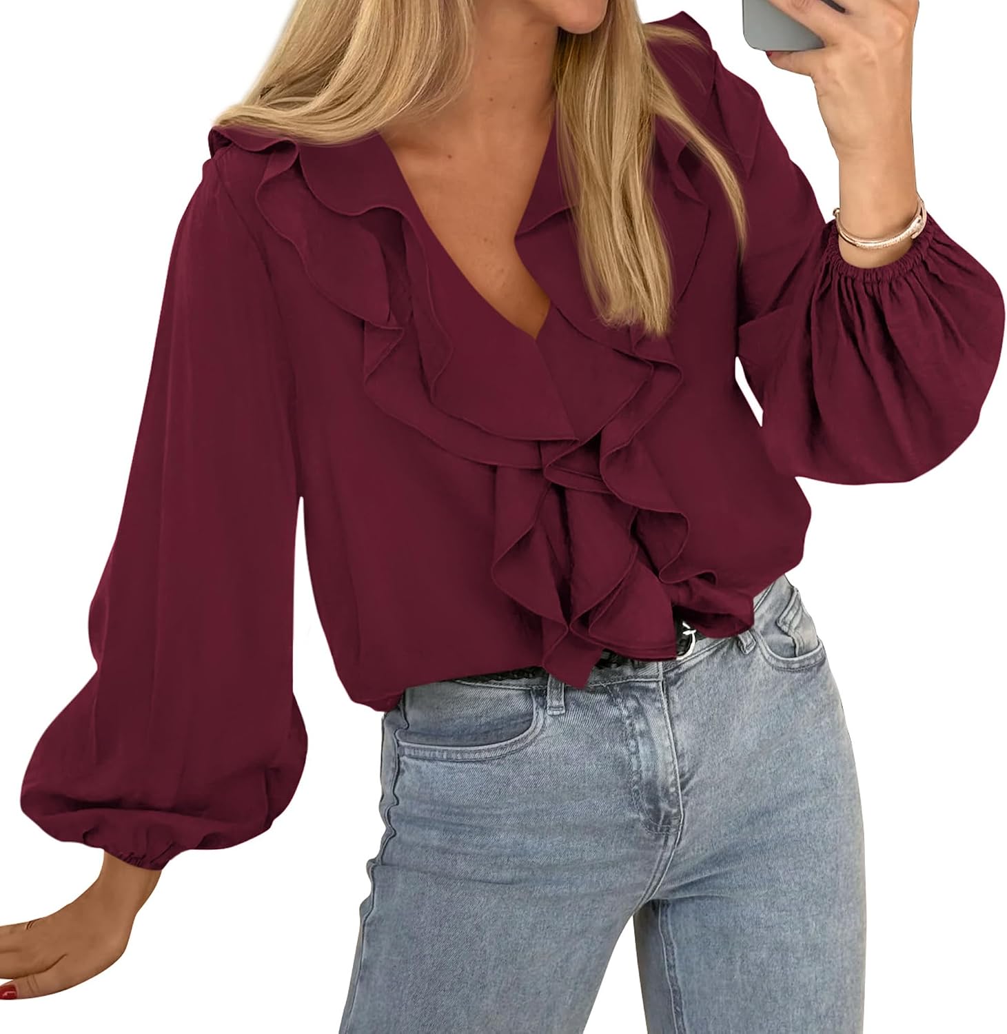 BTFBM Womens Fall Tops Ruffle Blouses Dressy Casual,Burgundy,S