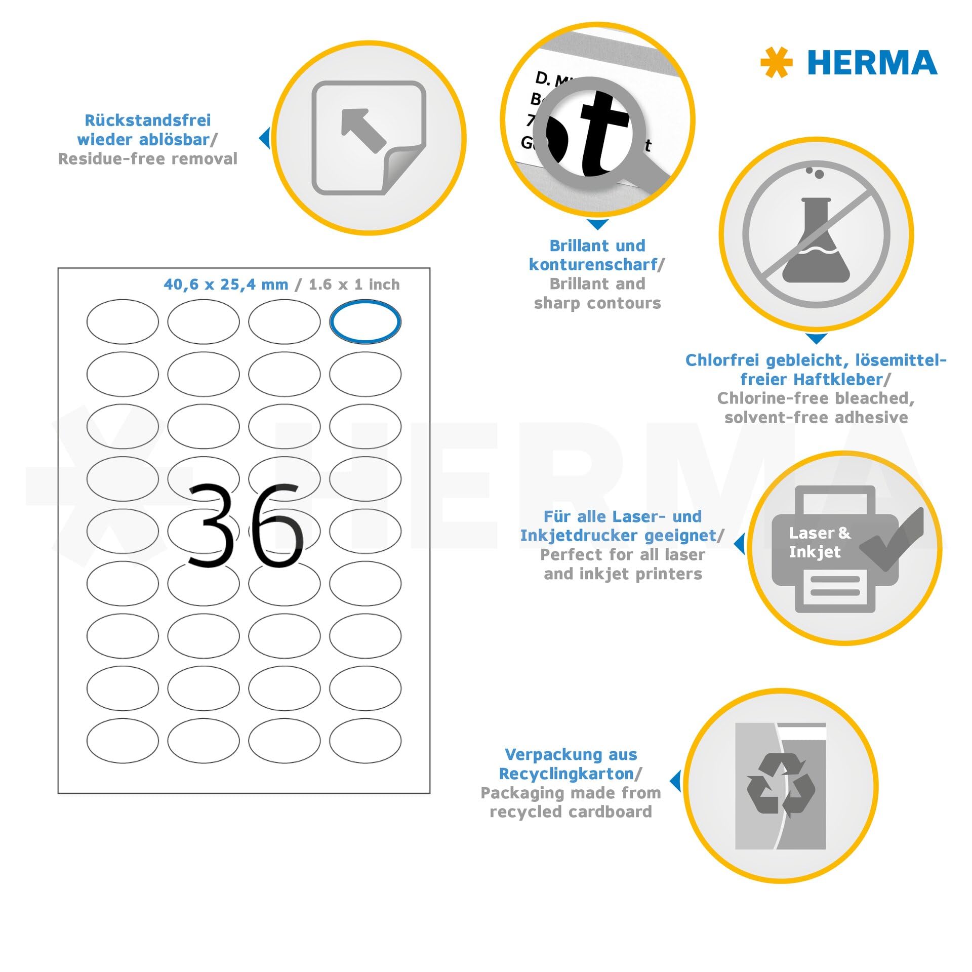 HERMA 4380 Universal Etiketten ablösbar oval, 800 Blatt, 40,6 x 25,4 mm, 36 pro A4 Bogen, 28800 Stück, selbstklebend, bedruckbar, matt, blanko Papier Klebeetiketten Aufkleber, weiß
