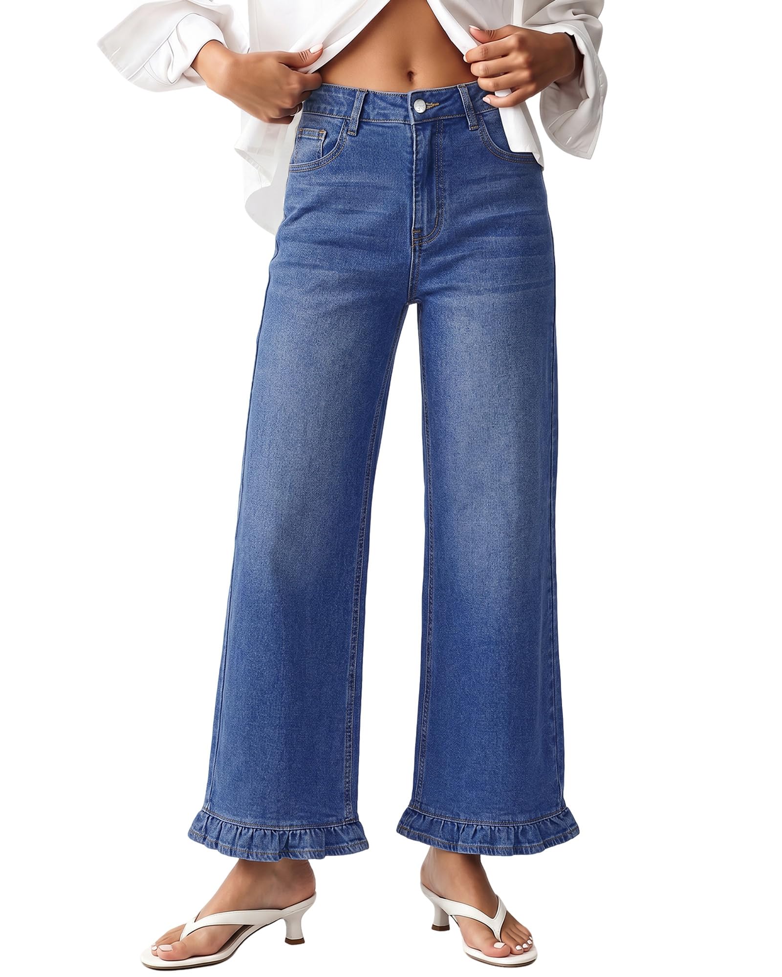 GRAPENT Short Jeans for Women High Rise Wide Leg Jeans Classic Blue Large