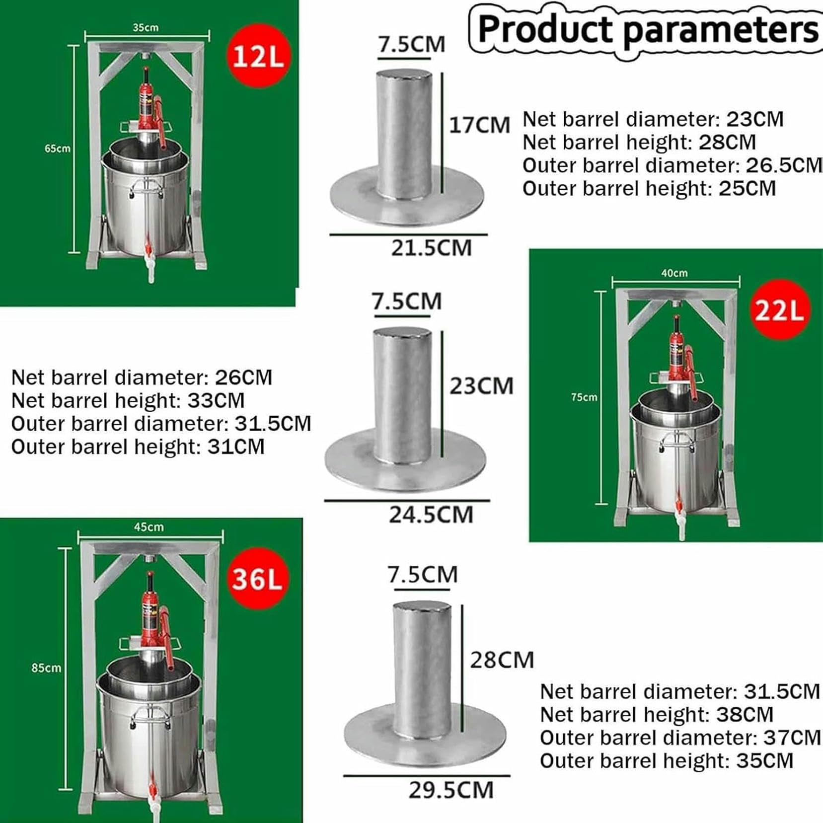 Obst Wein Presse, Fruchtsaft Presse, 12/22/36l Manuelle Saftmaschine, Fruchtpresse, Traubenbrecher Für Weinherstellung, Für Honig Chilli Öl Familie Restaurants~/