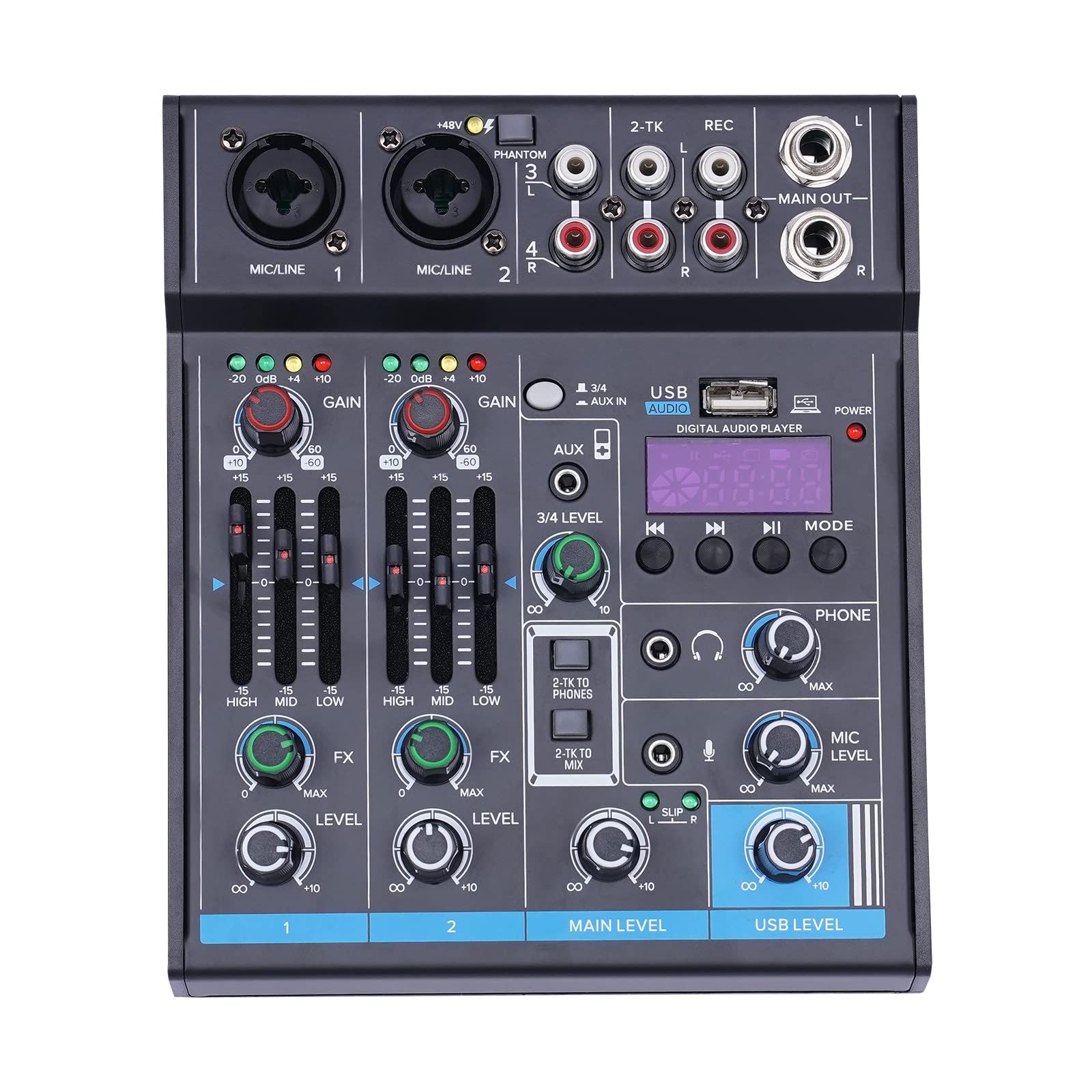 Mixer audio professionale, mixer audio DJ 4 canali, ingresso 48V alimentazione phantom, mixer stereo DJ per registrazioni, streaming live podcasting