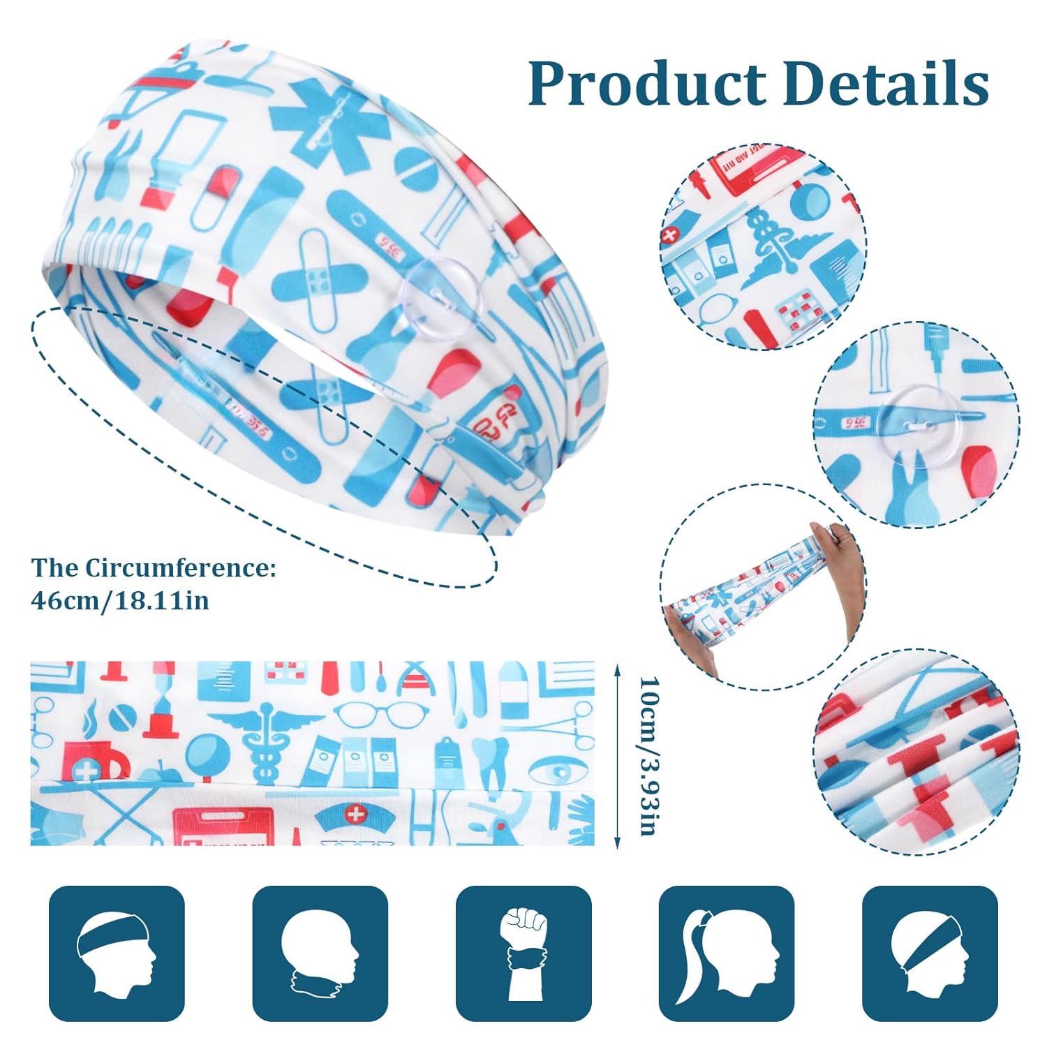 12 Pcs Nurse Headbands for Women, Non Slip Nursing Headbands with Buttons for Mask Work Accessories Elastic Ear Protection Hair Bands Gift for Spa Yoga Sports(Stylish) - Image 2