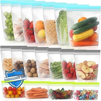 Lerine 18 Pack Stand Up Reusable Freezer Bags, Dishwasher Microwave Safe