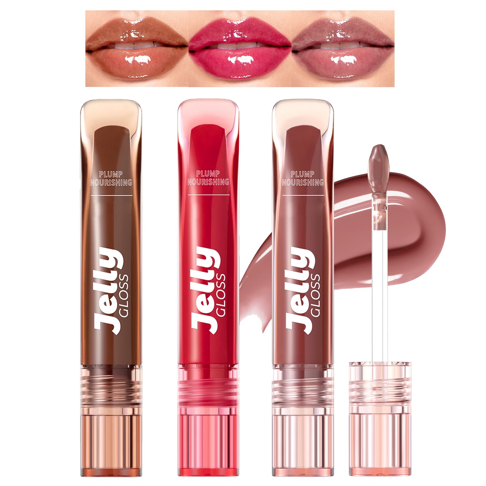 3Pcs Moisturizing Lip Gloss Set, Hydrating Lip Oil High Shine Glass Finish Lip Jelly Lipstick, Long-Lasting Liquid Plumping Lipstick Tinted Lip Glow Oil for Women Multicolor