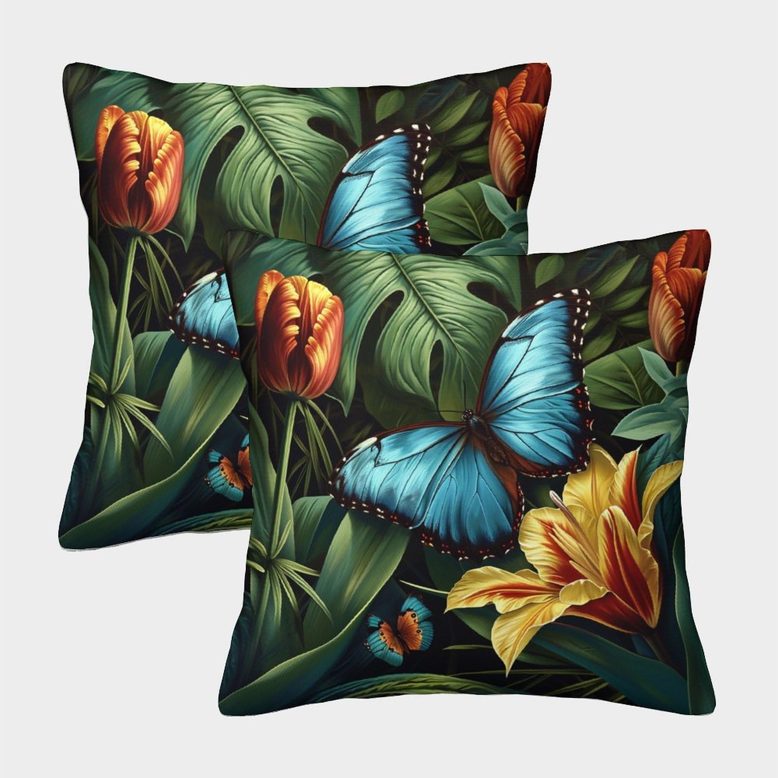 kaiyun 2 Pack Leaves And Tulips Pillow Case Home Decoration Sofa Blue Butterfly Cushion Cover 45x45cm