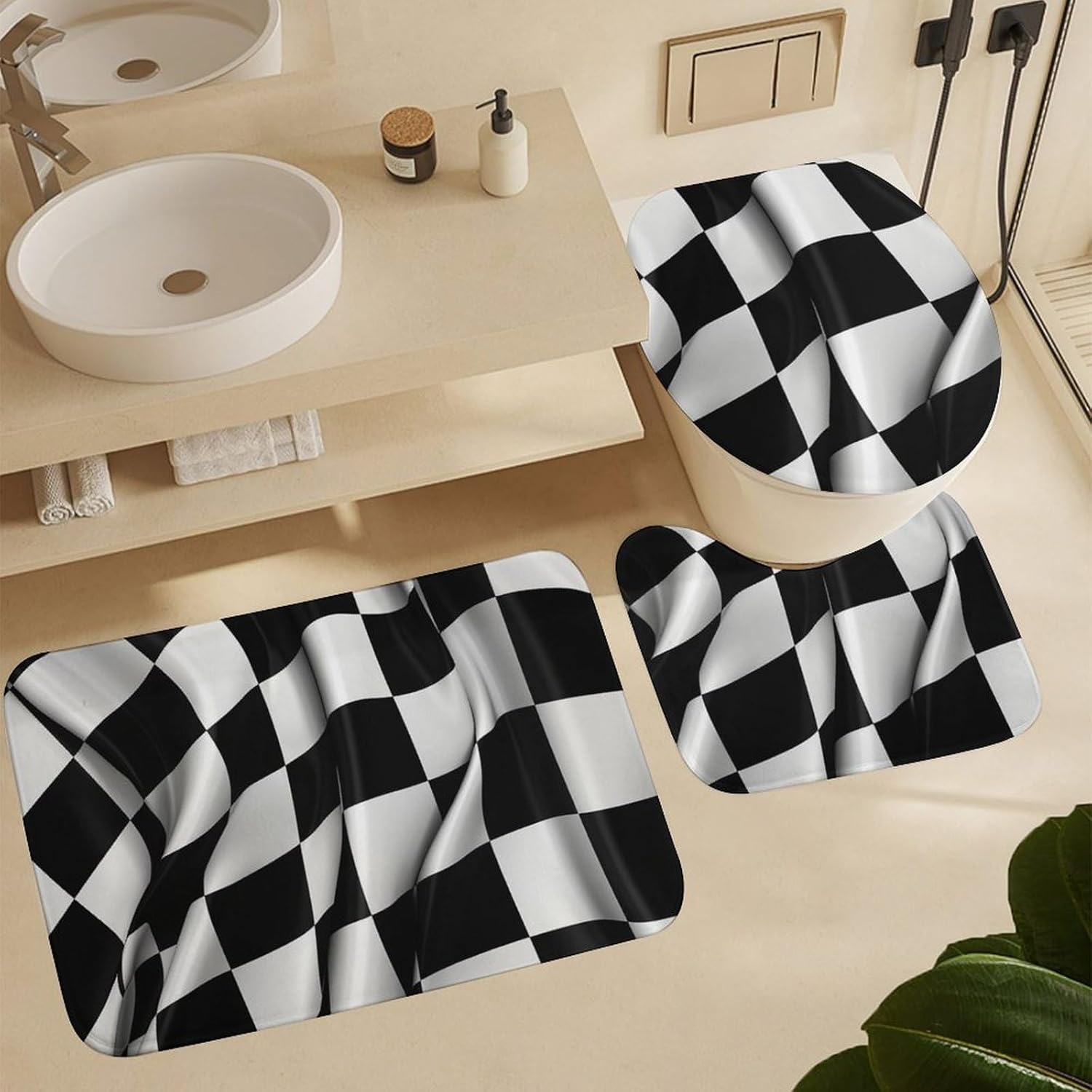 Anti-Skid Floor Mats 3 Piece Set,Black White Checkered Flags Printed Coral Fleece Bathroom Mats U-Shaped Contour Mat Toilet Seat Cover for Bathroom, Tub, Shower, Kitchen 19.7"x31.5"