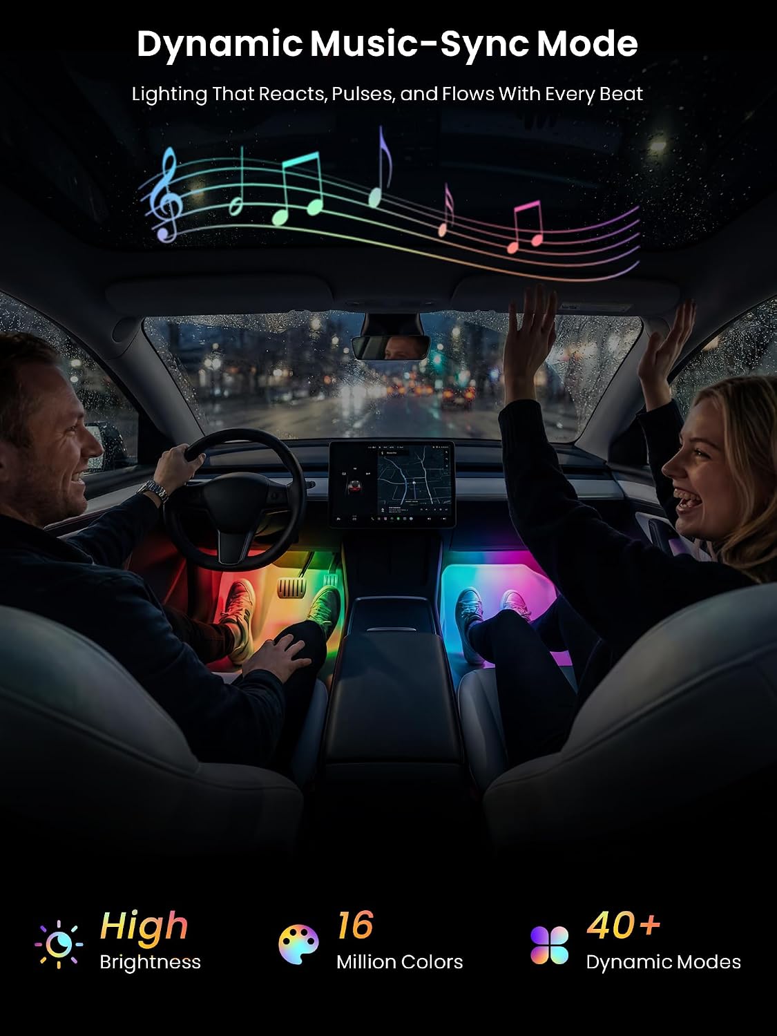Car LED Lights Interior, 16M Colors APP & CarPlay Control, Music Sync Ambient Lighting Kit, Auto-On/Off，Voltage Protection, Brightness Dimmer 12V DC LED Strip Lights for Car, Truck, SUV