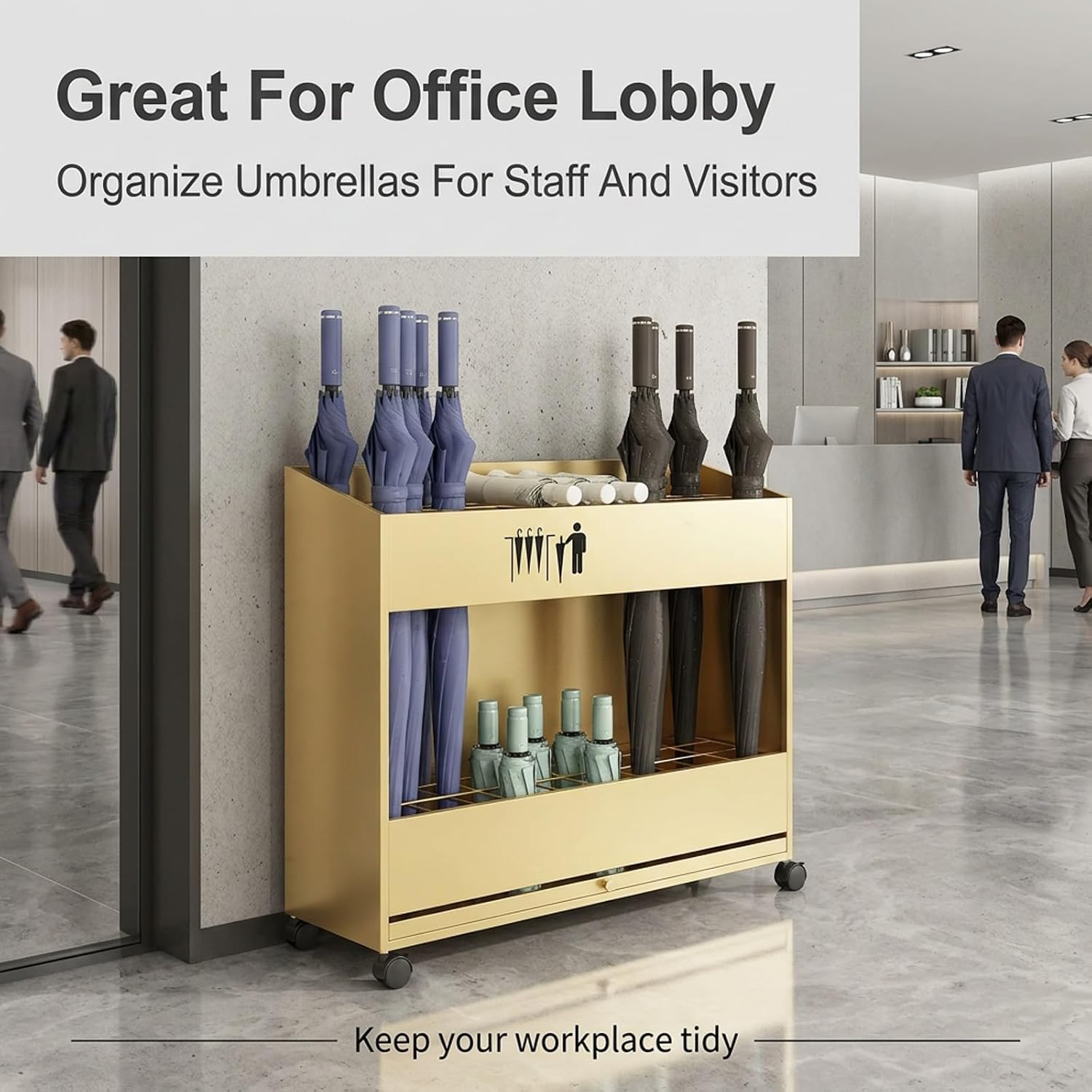 Rolling Metal Umbrella Stand with Drip Tray for Entryway Home Office, | Heavy Duty Steel, Mobile Umbrella Holder, Divided Storage, Removable Tray(Gold,15.4*9.3*26.8in)