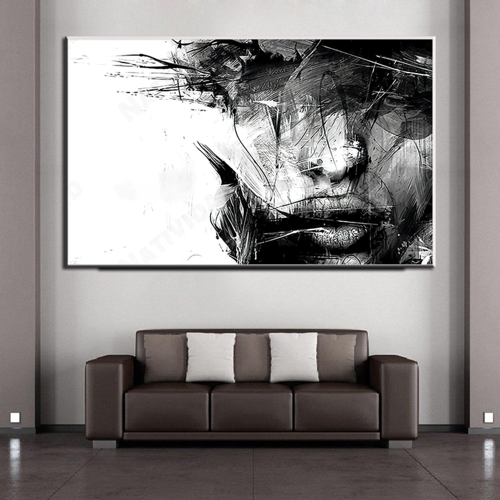 Leinwandbild XXL Abstrakte Kunst Schwarz-Weiß-weibliches Gesicht Leinwandmalerei Wandkunst Poster HD-Druckbild für Schlafzimmerdekor 80x120cm Rahmenlos