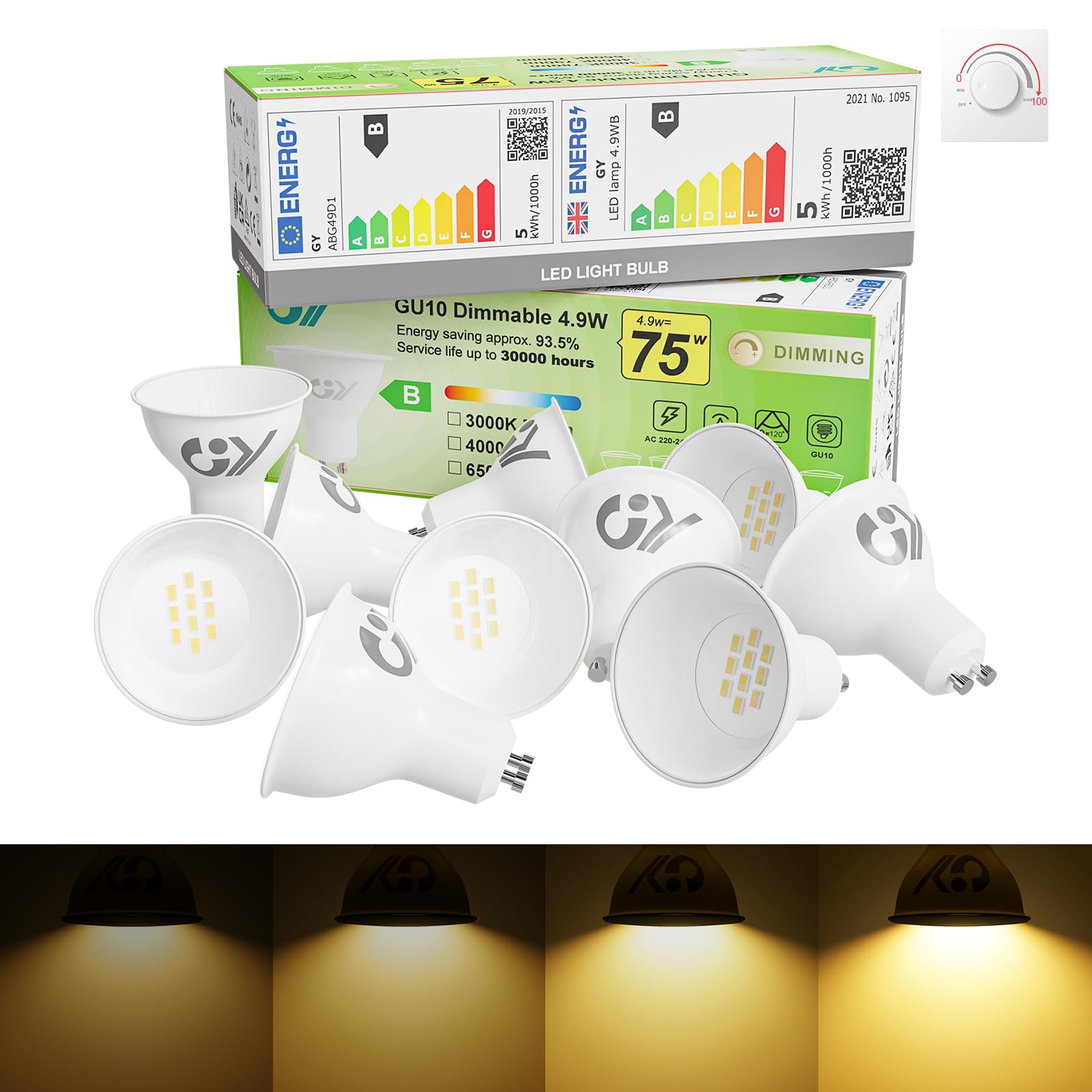 GY Dimmable GU10 Warm White 780 Lumen High Energy Efficiency LED Bulbs,4.9W 3000K 120° Wide Beam Angle Energy Saving Lamp,75W Replacement,10 Pack
