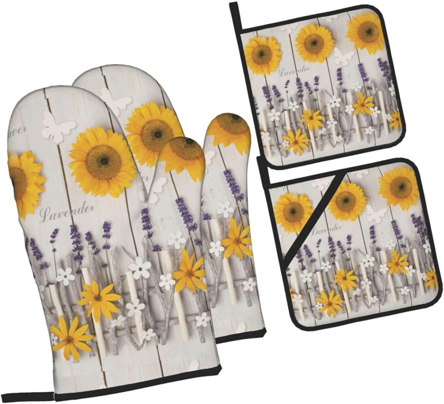 Sunflowers on Wooden Kitchen baking four piece set, fit for cooking and baking, oven, microwave, and outdoor barbecue