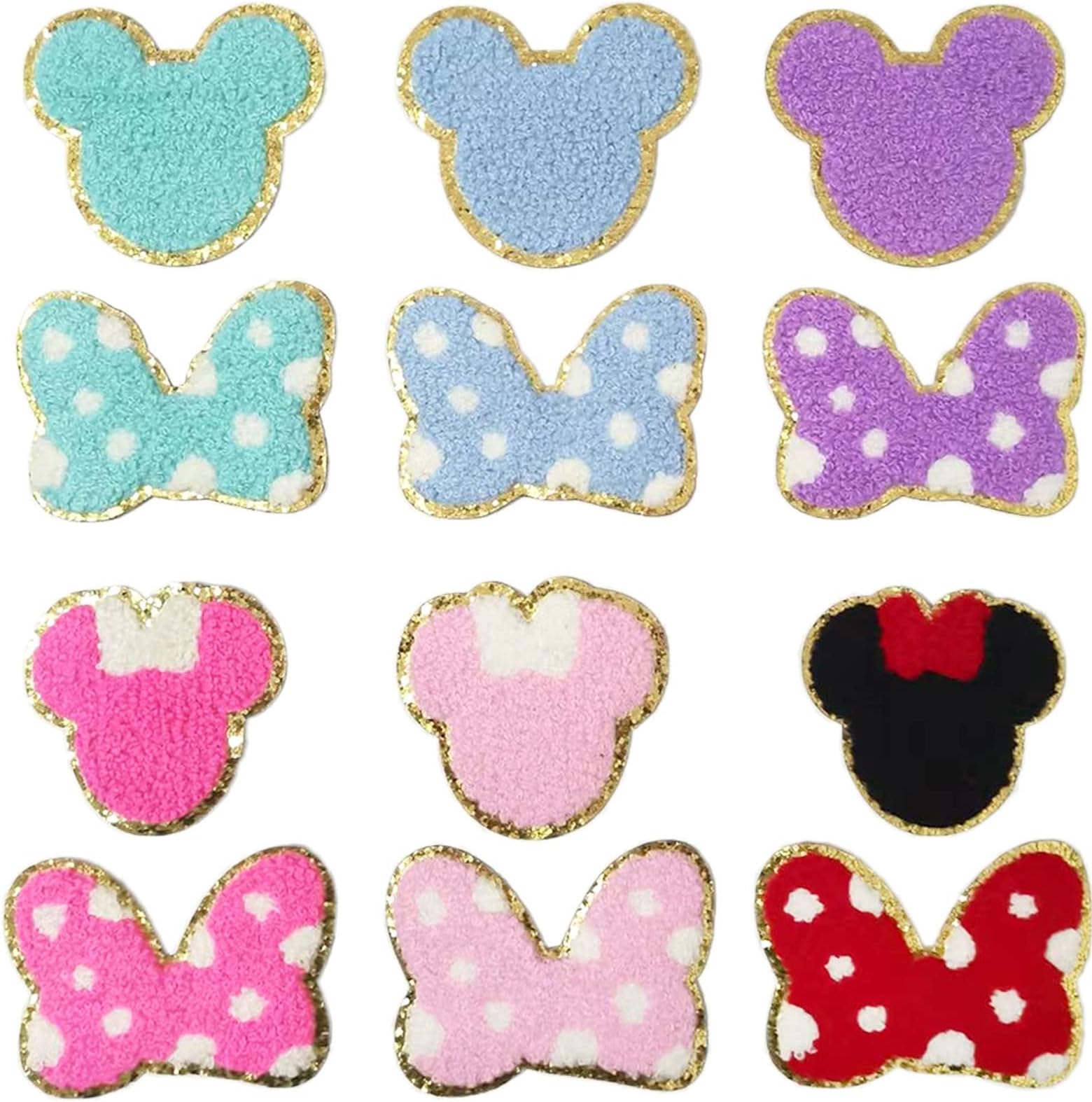 12Pcs Chenille Iron on Patches Cute Iron on Knee Patch Gold Trimmed Embroidered Patches Colorful Sew on Embroidered Applique for Clothing Jackets Backpack Dress Pants Hats