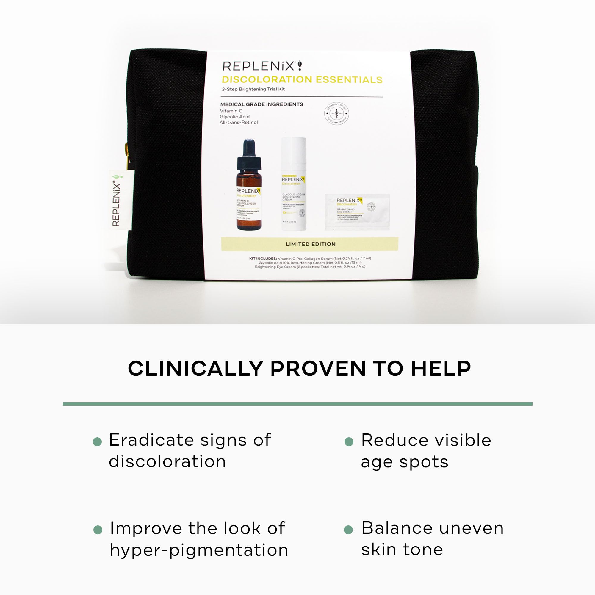 Replenix Discoloration Essentials 3 Step Brightening Medical-Grade Trial Kit (Set Includes Travel-Size Glycolic Acid Resurfacing Cream, Vitamin C Pro Collagen Serum, Brightening Eye Cream)