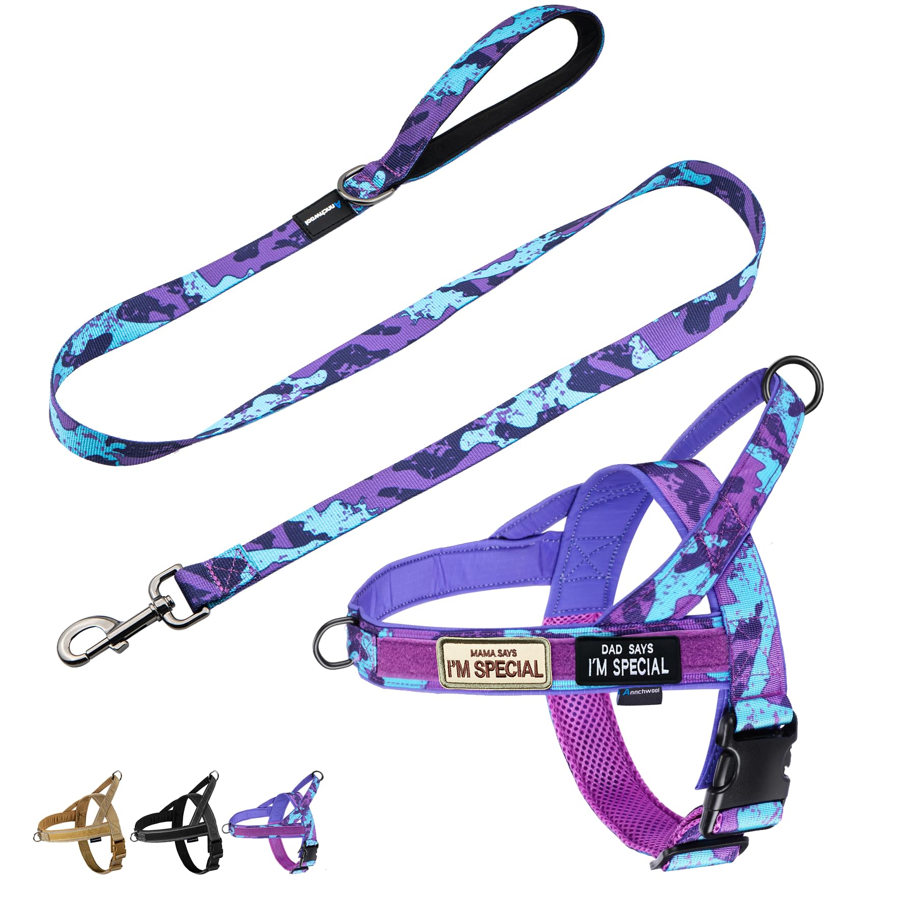 Annchwool No Pull Dog Harness with Padded Handle+5 Ft Leash,Escape Proof and Quick Fit to Adjust Dog Harness,Easy for Training Walking for Small & Medium and Large Dog(Camo Purple Set,M)