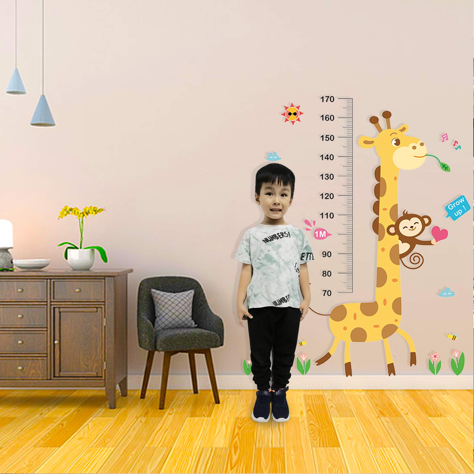 Tableau de croissance de bébé - Autocollant mural amovible pour chambre d'enfant - Règle de croissance - Pour chambre d'enfant, salon, chambre d'enfant (girafe singe)