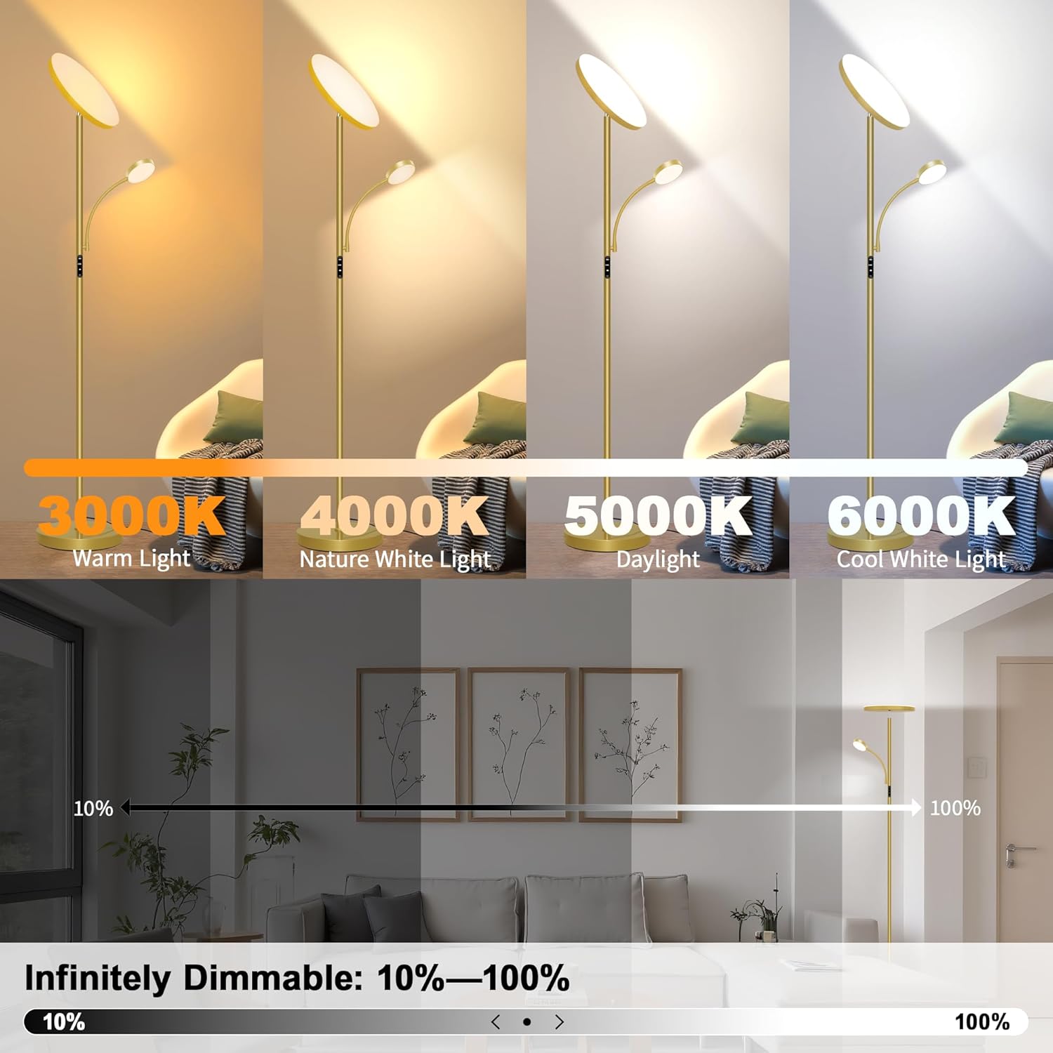 Floor Lamp-42W/4200LM Super Bright Floor Lamp,Dimmable 2-in-1 LED Floor Lamp for Bedroom,Torchiere Floor Lamps with Remote & Touch Control,69" Tall Standing Lamp for Living Room,Office,Reading,Gold