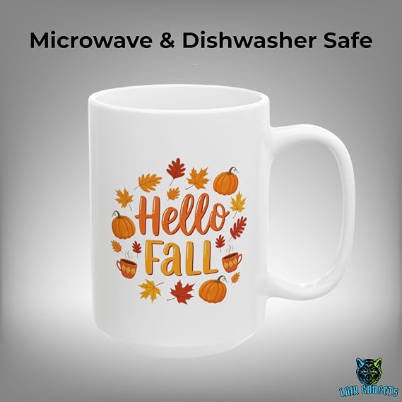 Hello Fall Coffee Mug Autumn Pumpkin Leaves White Ceramic Cup 15oz