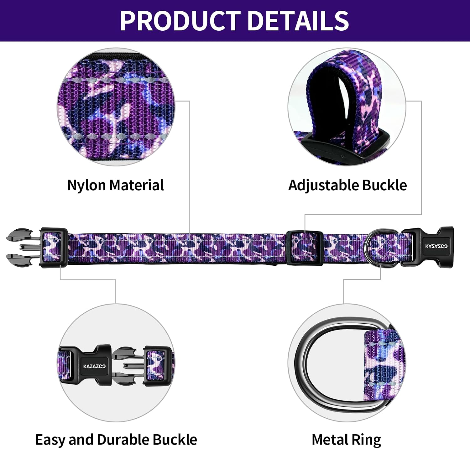 Kazazoo Large Dog Collar, Reflective Nylon Collar,No Pull,Heavy Duty Collar,Soft Neoprene Quick Release Buckle Dog Collars for Labrador Retriever,German Shepherd,Golden Retriever-Purple camo-L