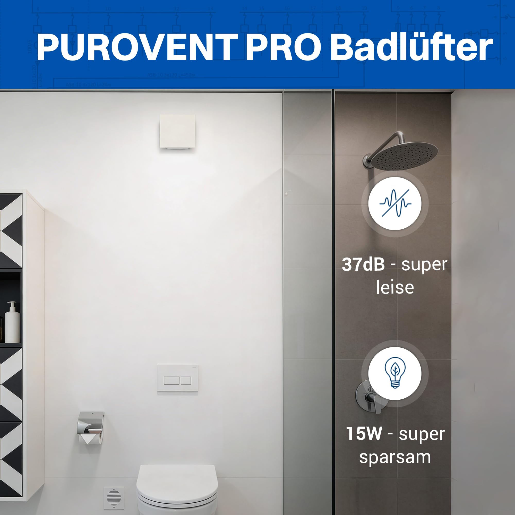 Intratec PUROVENT PRO Badlüfter mit Feuchtigkeitssensor – IPX4 Lüfter 100mm 98m³/h 37dB 230V Bad Badezimmer für einfache Wand- & Deckenmonatge – 160 x 98 x 98mm