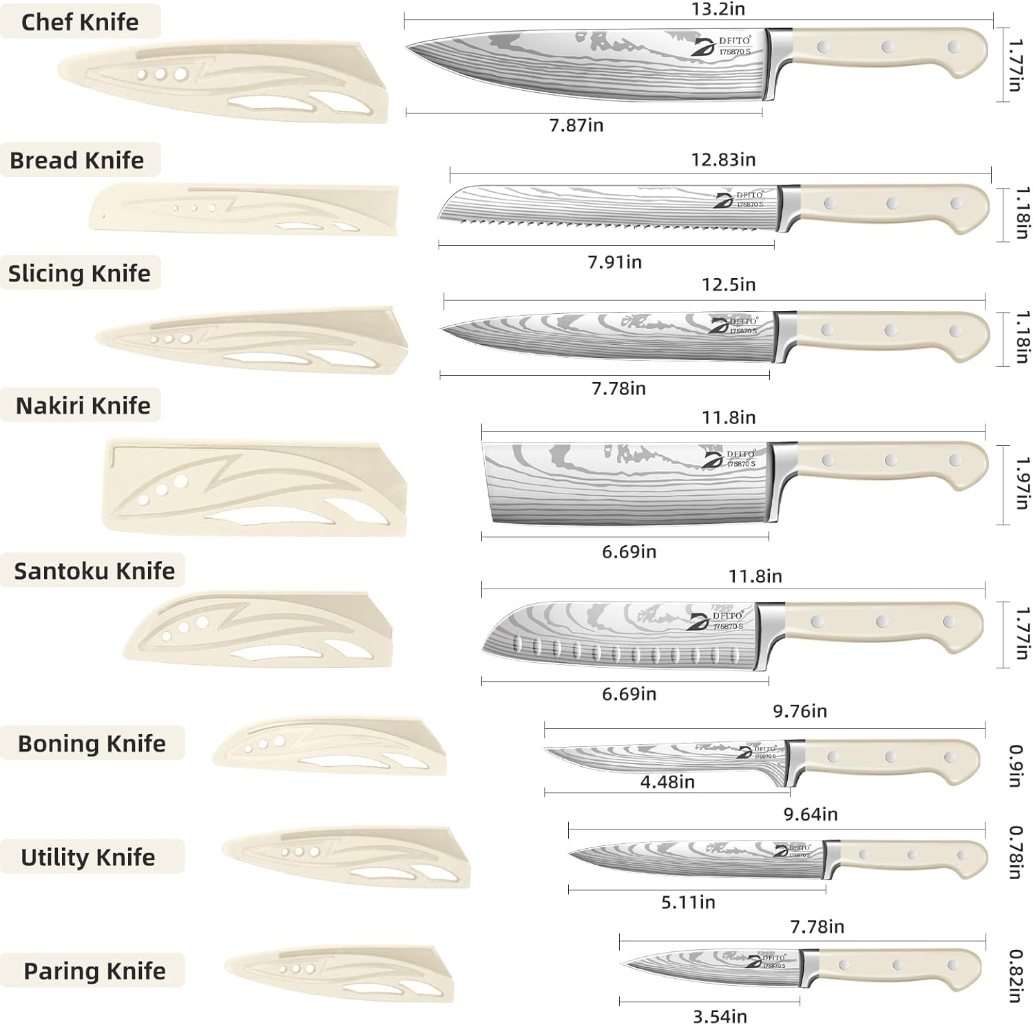 Dfito Chef Knife Set with Roll Bag, 9PCS Japanese Knife Set, High Carbon Stainless Steel Kitchen Knife Set with Anti-Slip Ergonomic Handle for Professional Chef, Camping, Travel, BBQ, RV or Gift Beige