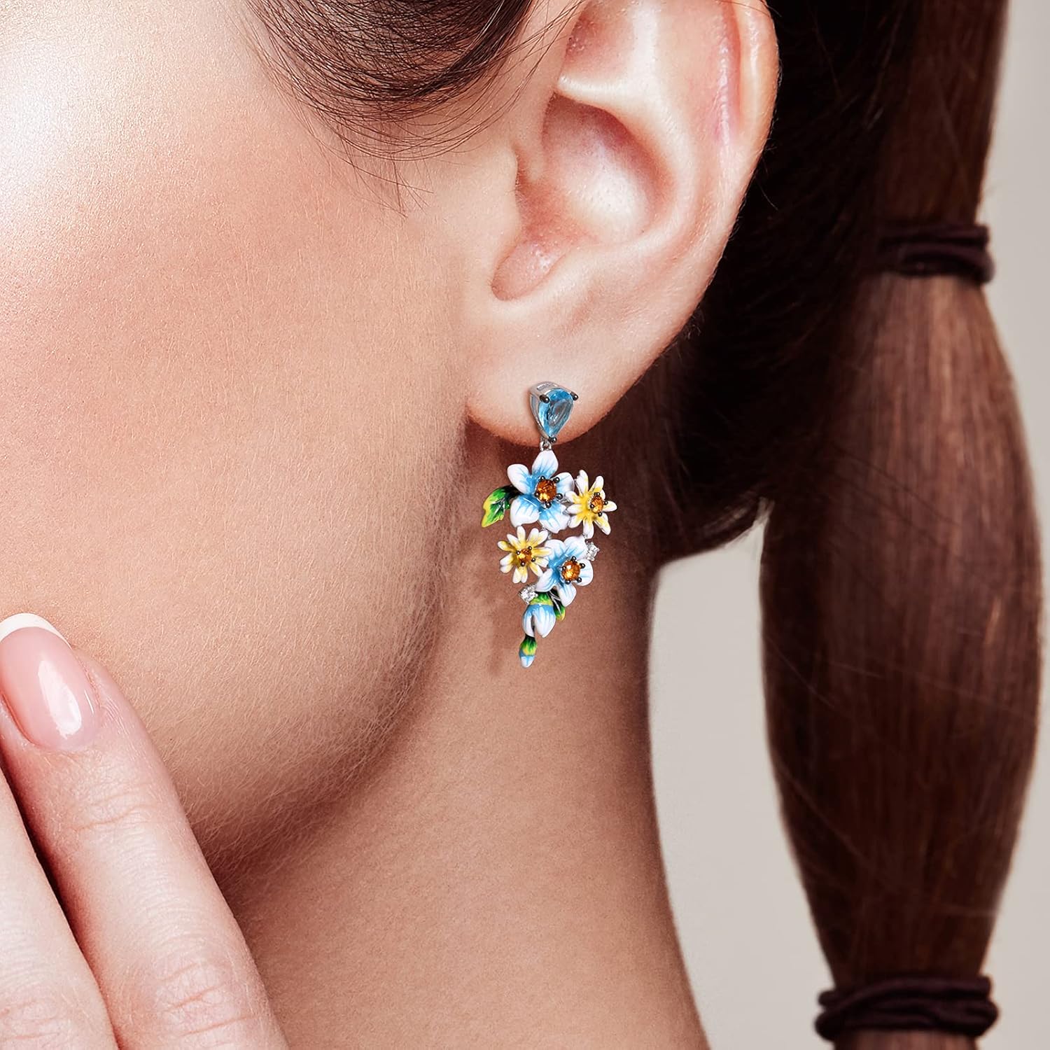 Santuzza 925 Sterling Silver Gemstone Enamel Flower Earrings - Image 4