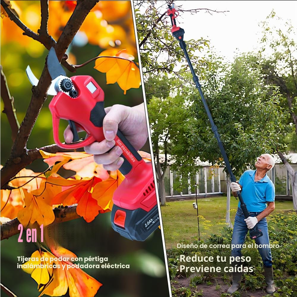 Tijeras de podar telescópicas con batería, 2 en 1 Tijeras de jardín eléctricas con 2 baterías de 2000mAh, pantalla LCD, mango telescópico para poda de árboles cortador de ramas