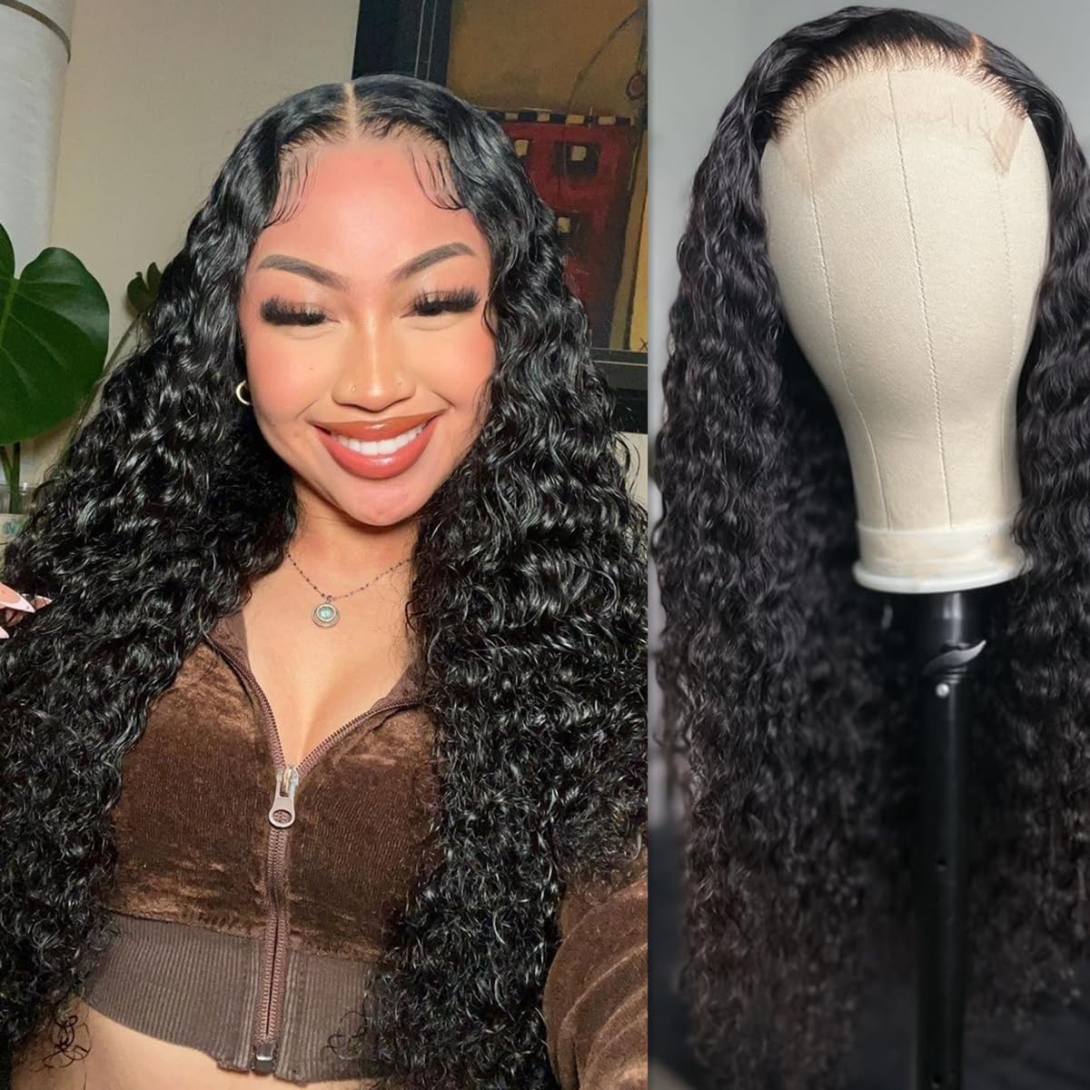 Josblue 4x4 Deep Wave Lace Front Wigs Human Hair for Black Women Wet and Wavy 180% Density Wigs Human Hair Pre Plucked Pre Cut Wig with Baby Hair Natural Color