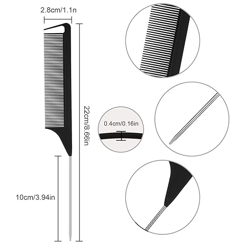 Miniatura 2 de Patelai 12 peines de acero inoxidable para peinar el cabello, burlas, trenzar, presionar, peluquería y hogar (rosa, negro)