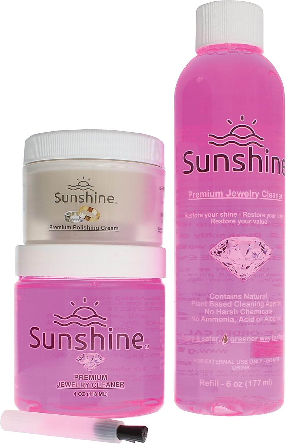 Sunshine Premium Jewelry Cleaner – 4oz Cleaner with Brush, 6oz Refill Bottle and 1.5oz Polishing Cream – Safe to Use on Gemstones, Soft Stones, Precious Metals on All Types of Jewelry