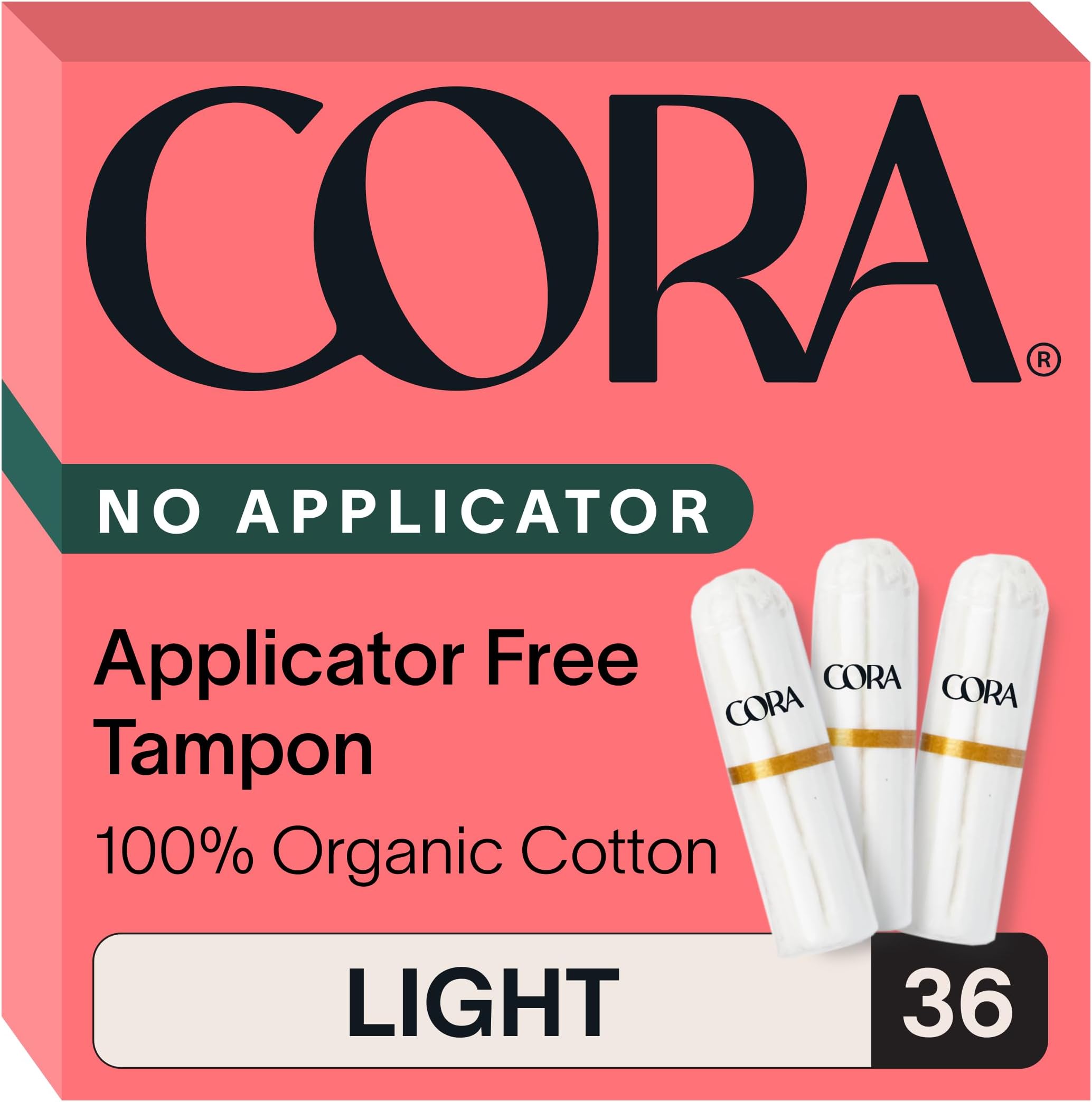Cora 100% Organic Cotton Non-Applicator Tampons | Ultra-Absorbent, Unscented, Natural, Non-Toxic, Applicator Free | Eco-Conscious | Light Absorbency (36 Count)
