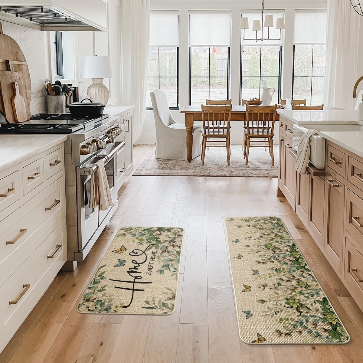Artoid Mode Cotton Plant Leaf Butterfly Home Spring Kitchen Mats Set of 2, Home Decor Low-Profile Kitchen Rugs for Floor - 17x29 and 17x47 Inch