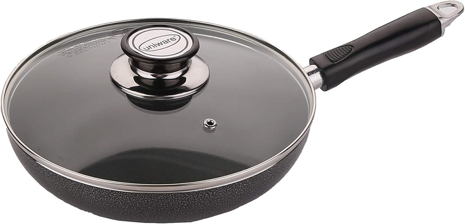 Uniware 10.2 Inch Frying Pan with Tempered Glass Cover, Non-Stick, Dishwasher Safe