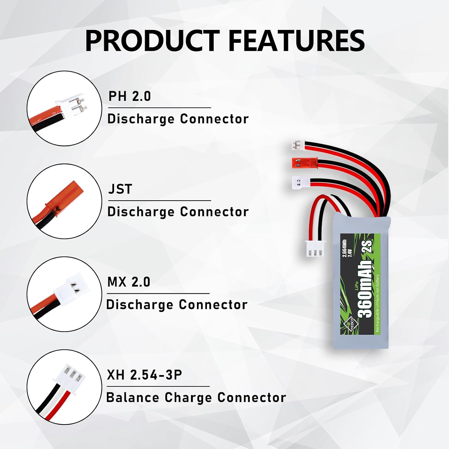 SCX24 Battery 7.4V Lipos 2S 360mAh Rechargeable Mini Lithium Battery with JST & MJ & PH2.0 & MX2.0 Discharge Plug Fit for SCX24 RC Car WLtoys RC Truck Power for Airplane