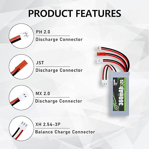 Miniatura 4 de Batería SCX24 7.4V Lipos 2S 360mAh recargable mini batería de litio con JST y MJ y PH2.0 y MX2.0 enchufe de descarga apto para SCX24 RC Car WLtoys