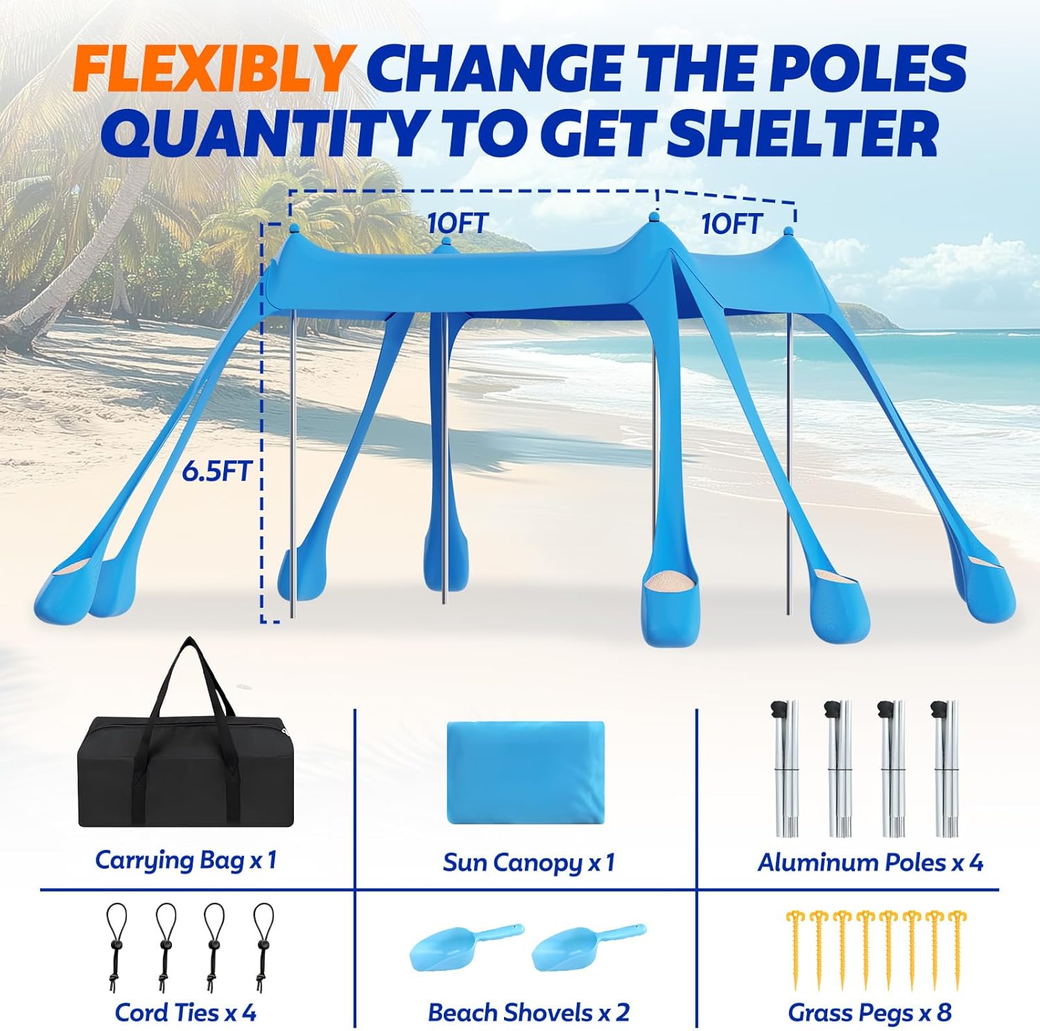 FAHKNS Beach Tent, Camping Sun Shade UPF50+ with 8 Sandbags, Sand Shovel, Ground Spikes and Stabilizer Poles, 10x10ft Beach Sunshade, Beach Tent for Camping, Fishing and Picnicking (Sky Blue)