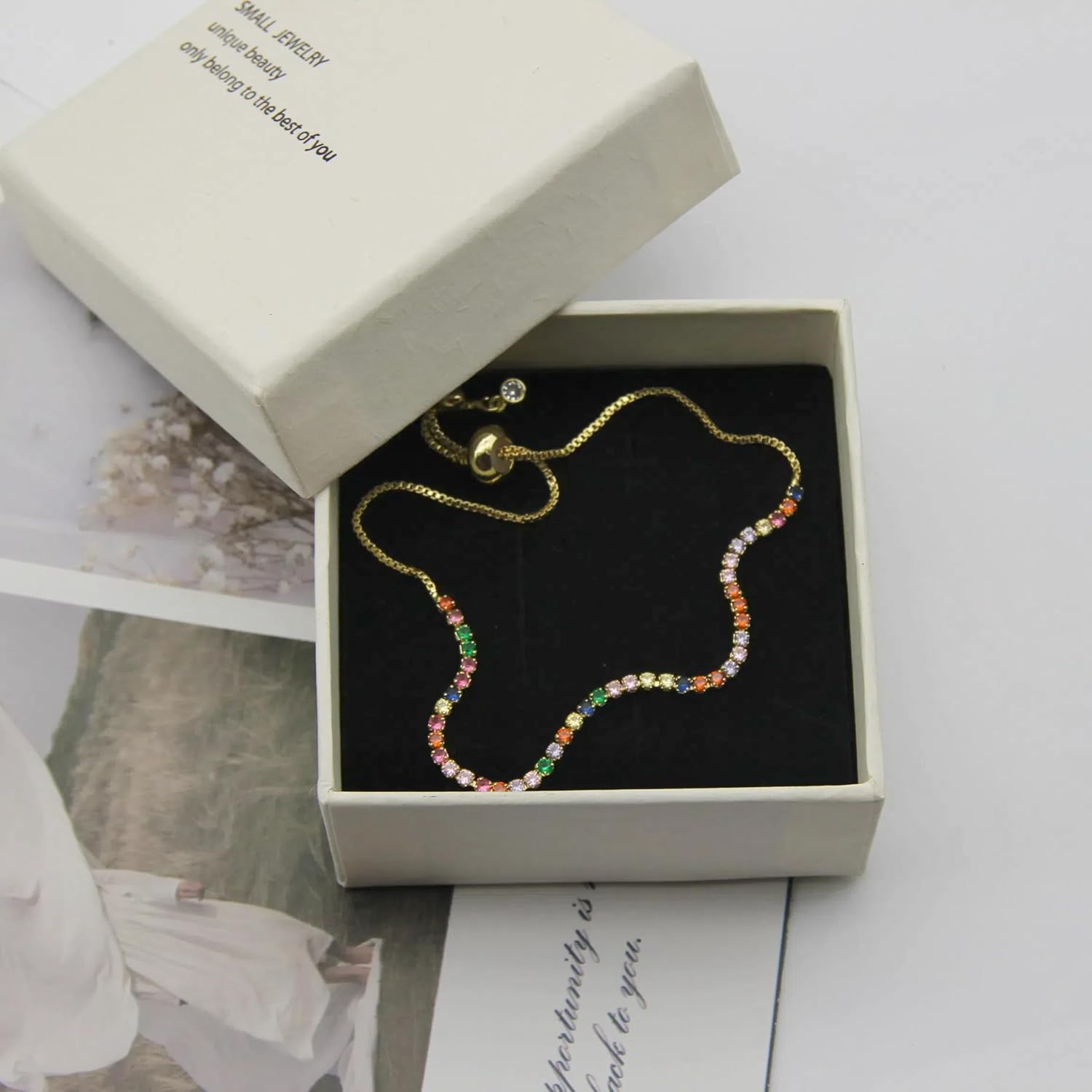 CANYEN® Multicolored Rhinestone Bracelet, 2mm CZ Tennis Bracelets, Dainty Gold Crystal Bracelet for Women, Mini Colored Diamond Bracelet, Multicolor Cubic Zirconia Bracelets, Small Colorful Rainbow Bolo Bracelets, Tiny Adjustable Non Tarnish Waterproof Mothers Day Valentine's Day Jewelry Gifts - Image 6