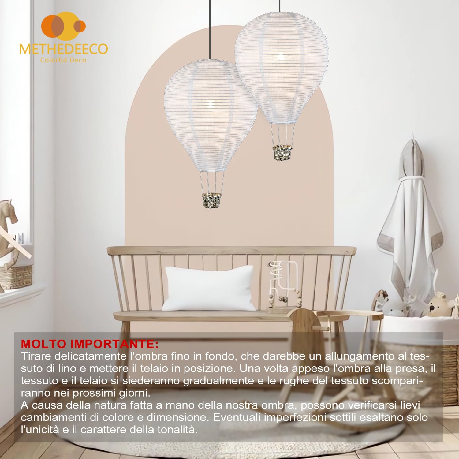 Mongolfiera Decorativa 2 Pezzi, Lampadario da Appendere 35cm, Paralume Bianco in Tessuto Fatto a Mano - Ideale Come Regalo, Adatto per Decorazione di Camera da Letto, Stanza dei Bambini e Feste