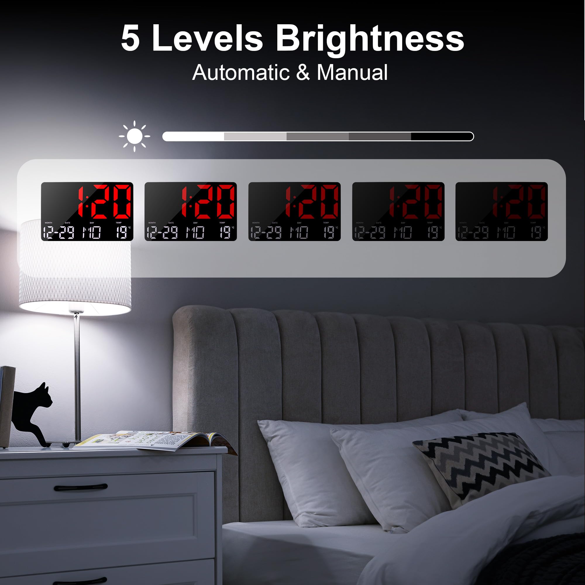 Lafocuse Orologio da Parete Digitale 12" LED Grande, Orologio da Tavolo Scrivania con Telecomando, Temperatura, Calendario, Sveglia, Snooze, 12/24 Ore per Cameretta Soggiorno Cucina Casa, Rosso
