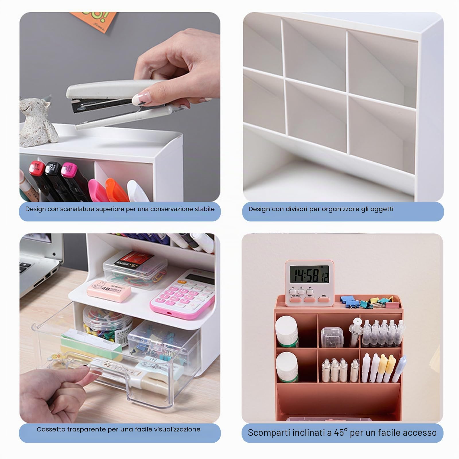 Portapenne da Scrivania Multifunzionale Organizer da Scrivania con Cassetti Portamatite da Scrivania con 6 Scomparti Organizzatore per Cancelleria in Plastica per Ufficio Scuola Casa (Rosa 2)