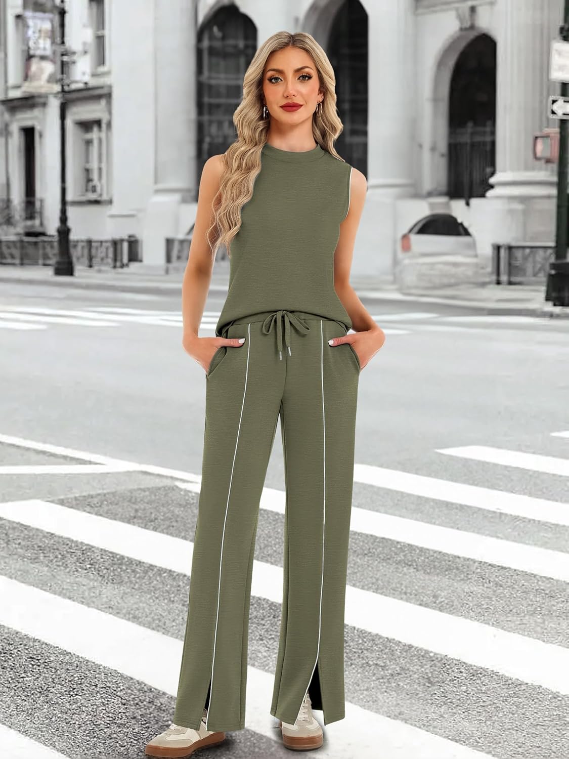 Casly Lamiit Women's 2 Piece Outfits Summer Casual Mock Neck Sleeveless Top Wide Leg Pant Sets Front Slits Travel Sweatsuit - Image 5