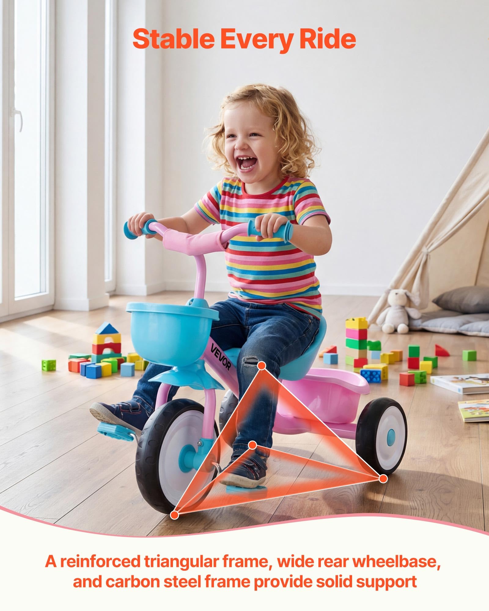 VEVOR Triciclo per Bambini da 2 a 5 Anni, Triciclo con Sedile Regolabile Cestino Posteriore Portaoggetti Telaio in Acciaio al Carbonio, Triciclo per Bambini con Manubrio Ruote in EVA, Rosa + Blu