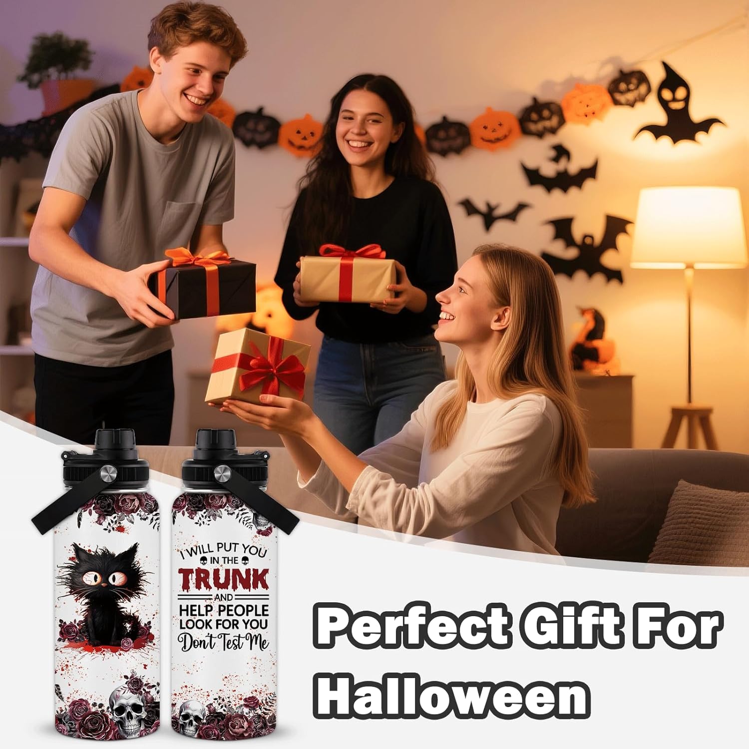 Cat Water Bottle 32 Oz, Horror Water Bottle, Horror Cup, Goth Gothic Insulated Cup, I Will Put You In The Trunk Halloween Gifts For Women Men Best Friends, Horror Gifts - Image 7