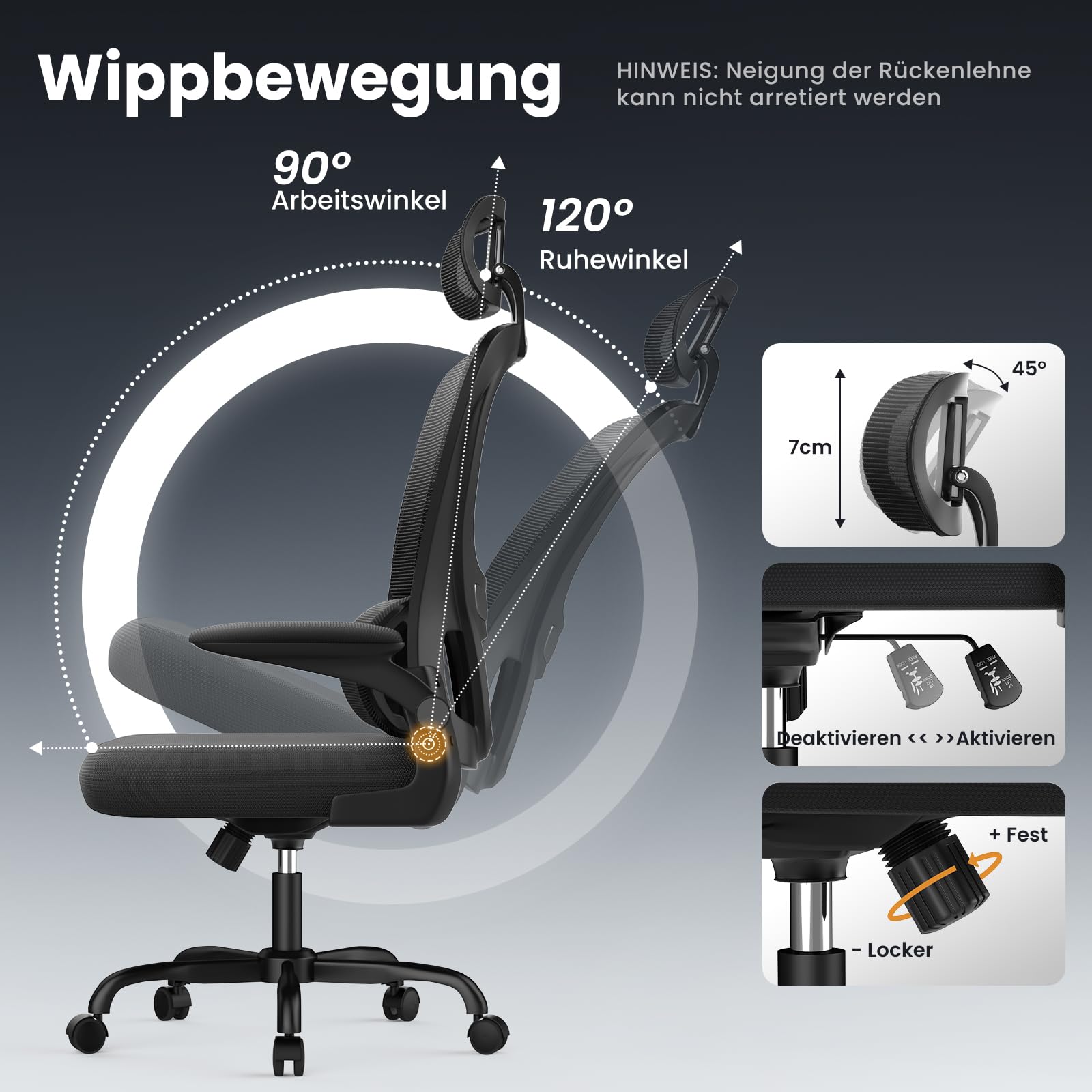 rattantree Ergonomischer Bürostuhl, Schreibtischstuhl mit Verstellbarer Kopfstütze und Armlehnen, C-förmige Lordosenstütze, Drehstuhl mit Rollen für das Home Office, Schwarz