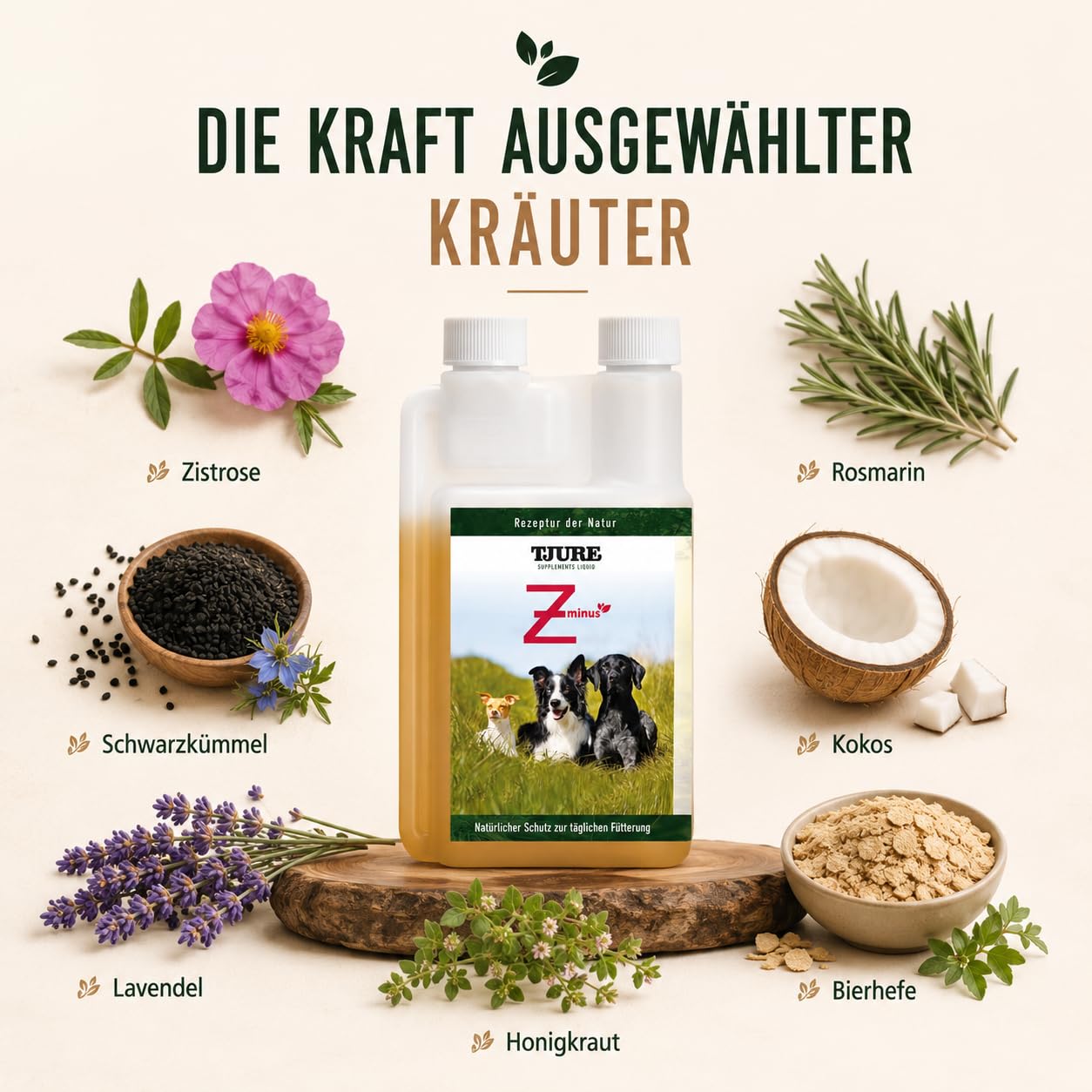 TJURE Z – 500 ml Liquid für Hunde | 100% Pflanzliche Rezeptur für aktive Hunde | Naturkraft gegen ungebetene Gäste | Mit Schwarzkümmel, Cistrose & Lavendel | Made in Germany