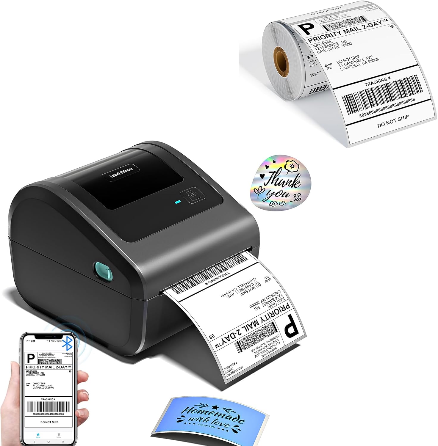 D450BT Bluetooth Shipping Label Printer and 250Pcs Roll Thermal Labels, Wireless Thermal Label Printer for Small Business