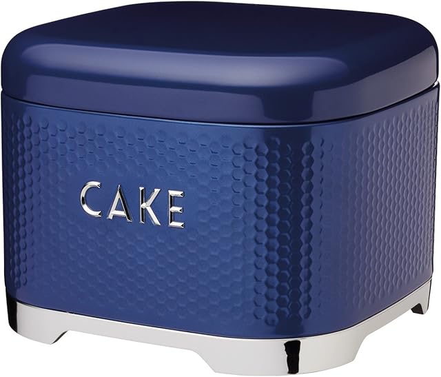 KitchenCraft Lovello Textured Cake Storage Tin with Geometric Hexagon Pattern, 26 x 26 x 19 cm (10" x 10" x 7.5") - Midnight Navy