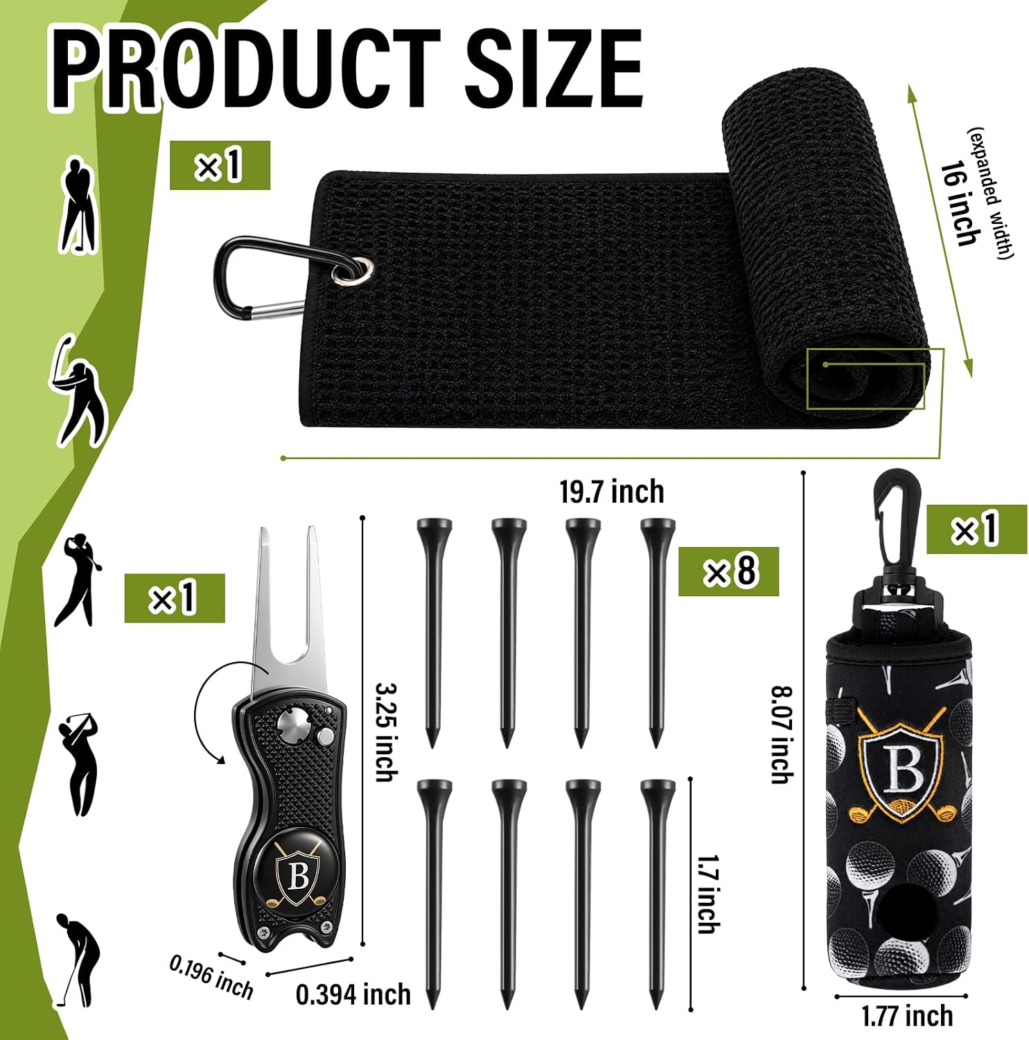 Liliful 12 Pcs Golf Accessories Kit, Include Golf Ball Bag with Hook Towel Tees Magnetic Ball Marker Divot Tool Cleaner Brush for Women Man Gifts(Initial B,Black)