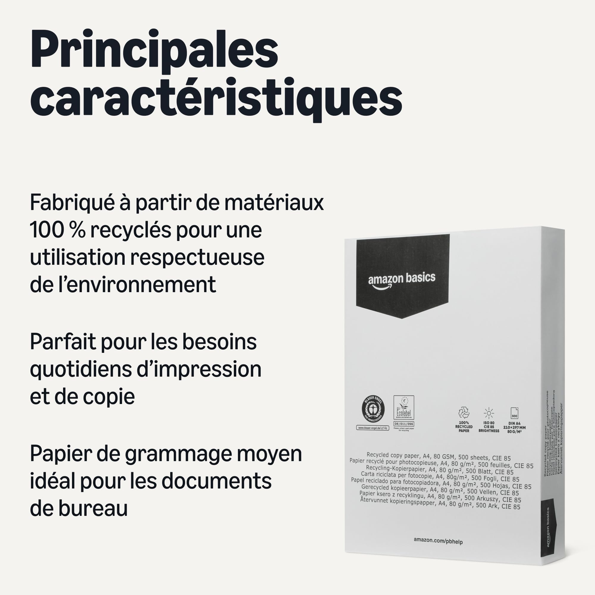 Amazon Basics papier A4 80g recyclé carton 5 ramettes 2500 feuilles